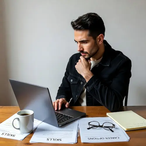 Professional thoughtfully assessing career options and skills after a layoff