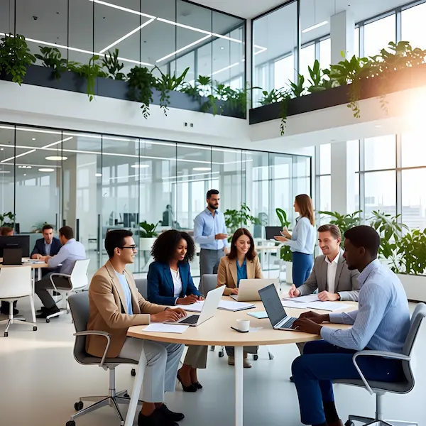 Happy professionals in a modern office, representing the goal of career path discovery.