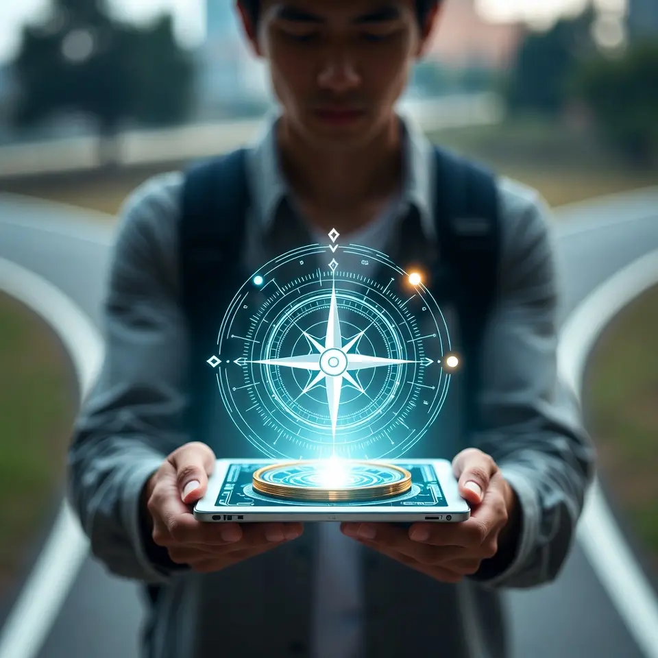 A person using digital tools to navigate a career crossroads, representing how to find your dream career.