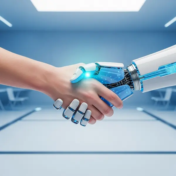 Human and robot handshake symbolizing the future of work and entry level AI jobs.