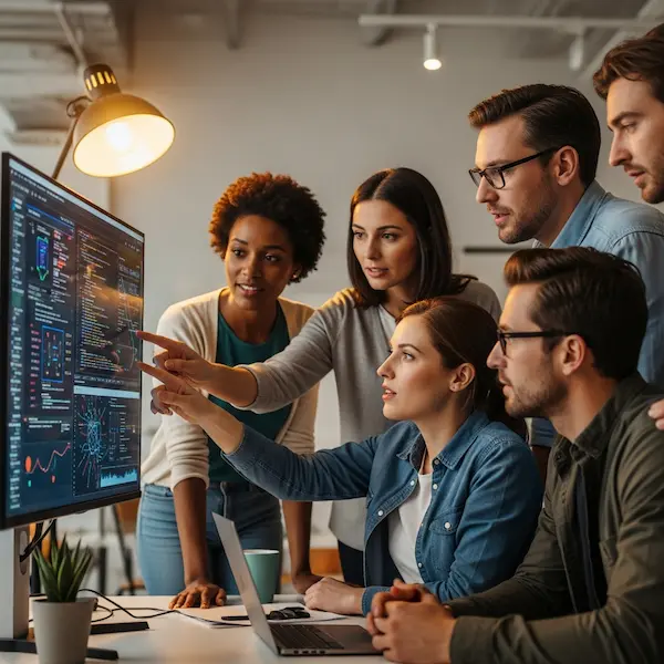 Team collaborating on an AI project, illustrating how to get into AI jobs through networking.