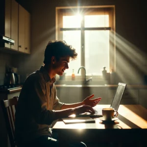 A young professional working from home on a laptop, searching for remote jobs hiring no experience.