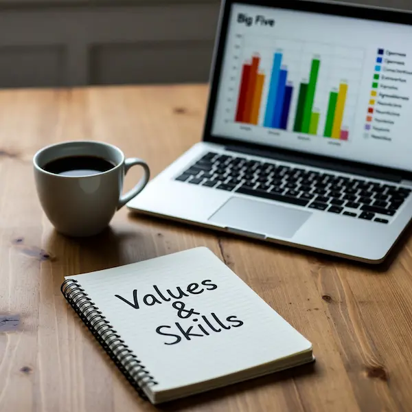 Workspace with a notebook and personality charts, illustrating the self-discovery phase showing you how to find your dream career.