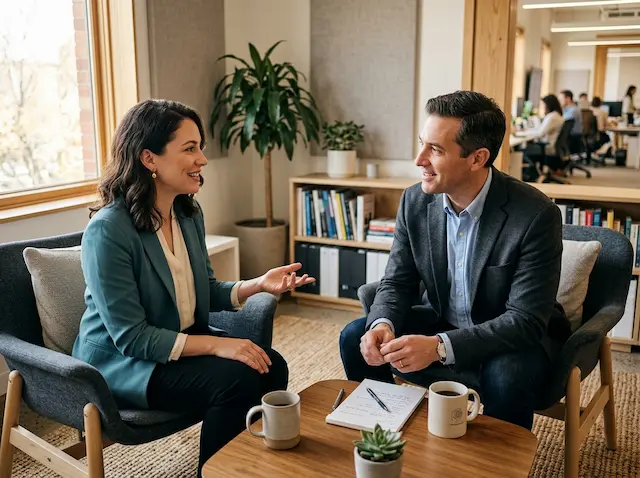 Neurodivergent employee setting work boundaries in a professional conversation with colleague