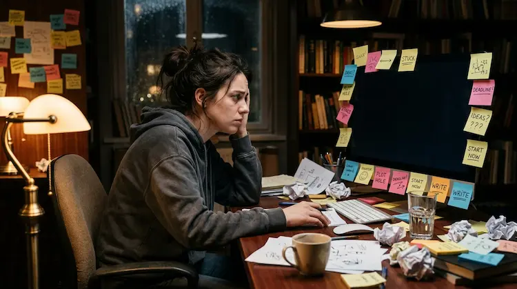 Professional struggling with a blank screen, illustrating the challenge of knowing what to ask AI about career advice.