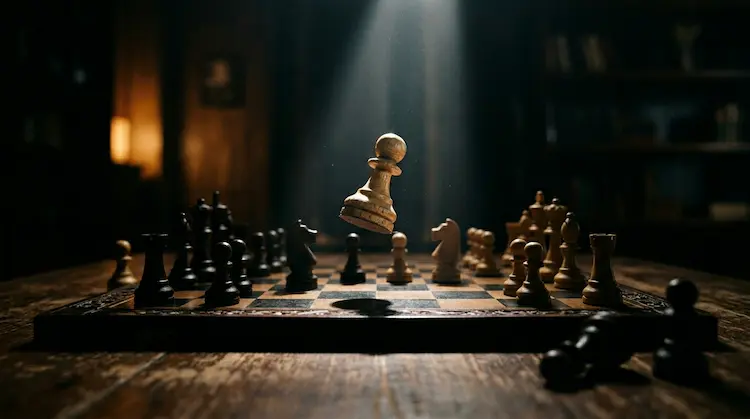 Chess pawn lifted above a board in a beam of light, symbolising a deliberate career decision based on personality combination.