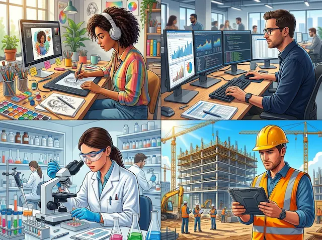 Diverse neurodivergent careers showing ADHD and autism jobs across creative, analytical, and practical fields