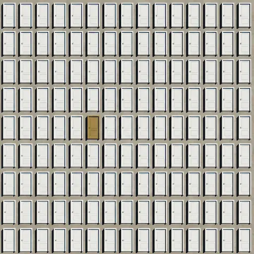 Grid of identical doors with one standing out representing generic career test results versus personalized career path discovery
