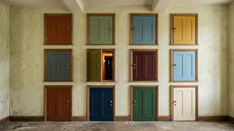 Grid of twelve coloured doors with one open, representing twelve big five personality combinations and career paths.