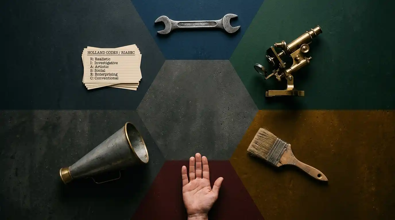 Six work tools arranged in a hexagon representing the six Holland codes careers types.