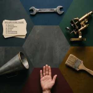 Six work tools arranged in a hexagon representing the six Holland codes careers types.