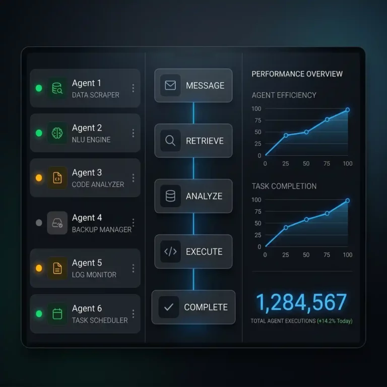 Modern dark-mode AI agent control dashboard showing multiple running agents, a sequence of tool calls, and live status indicators.