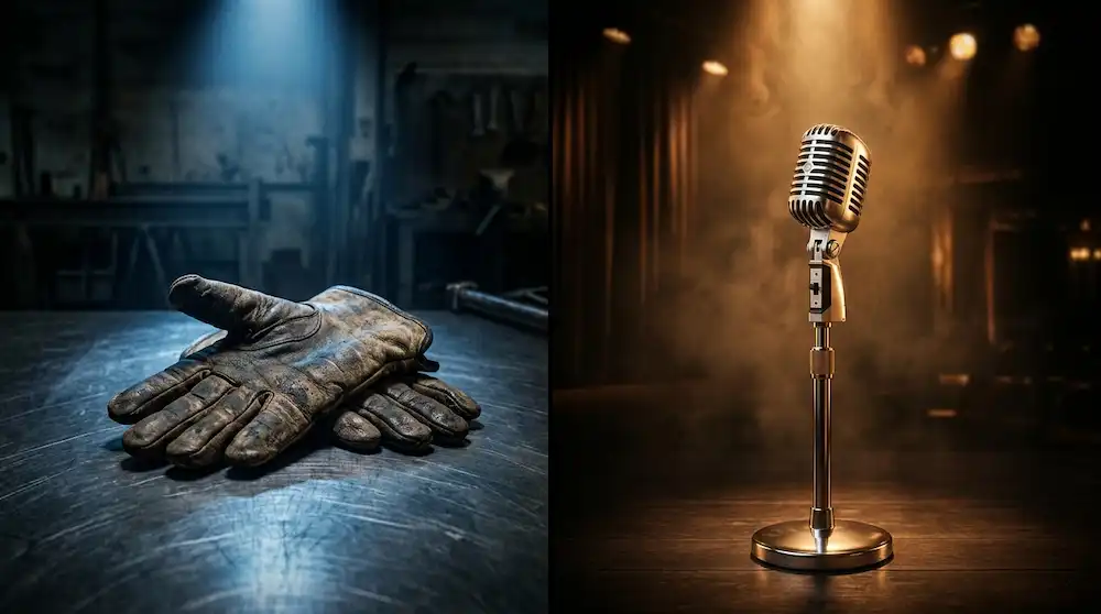 Side-by-side image of a work glove and a microphone representing Realistic and Enterprising Holland personality types.