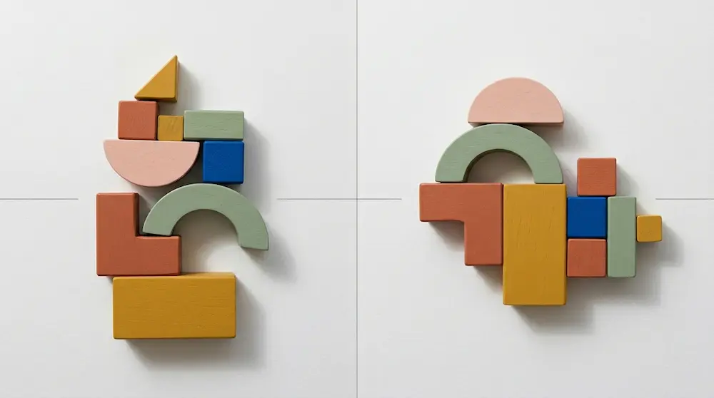 Same set of coloured blocks arranged into two different shapes - a visual metaphor for translating identity capital into a different career.