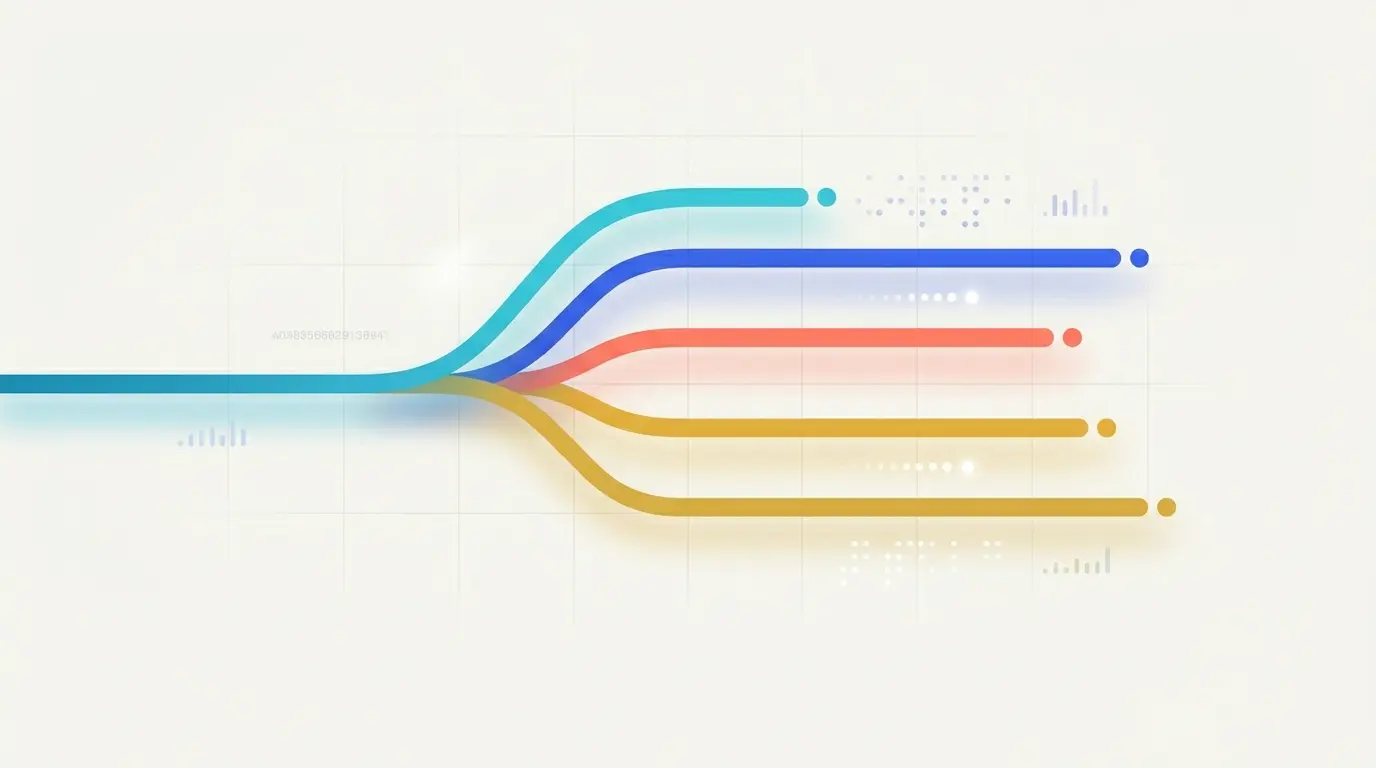 Abstract data visualization showing a single career line branching into multiple parallel streams - the structural shift toward portfolio work.