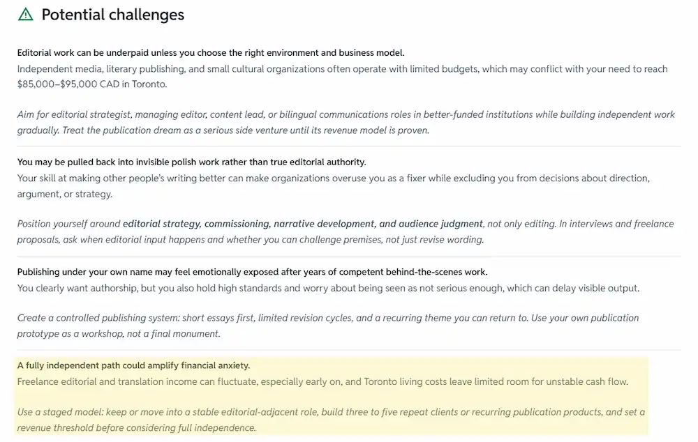 Potential challenges section of a Pro CareerSeeker AI career report