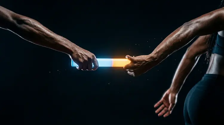 Glowing relay baton mid-handoff representing the sequential transition from career discovery to job application