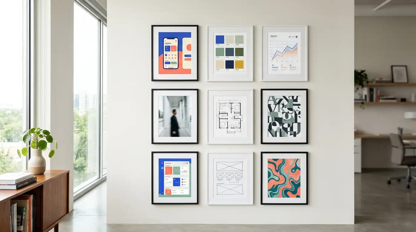 Modern gallery wall of varied creative and analytical work pieces - a contemporary visual metaphor for a portfolio career.