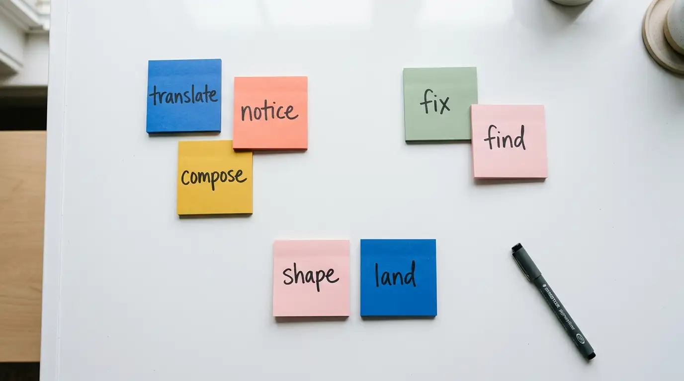 Colorful sticky notes labelled with skill verbs arranged in three clusters on a whiteboard - a modern skills-portfolio audit.