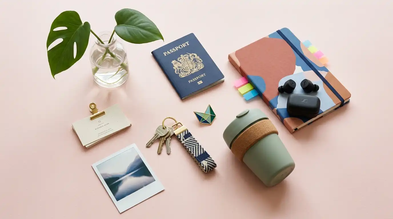 Modern editorial flat-lay of profession-symbol objects on a cream surface, representing the components of identity capital.