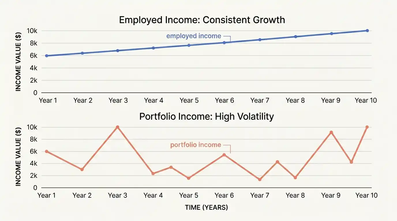 Comparison data visualisation showing a smooth employed-income line versus a jagged portfolio-income line - the honest cost of income volatility.