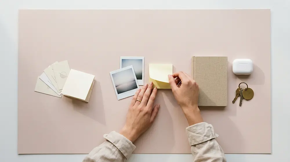 Hands sorting modern personal items into three organised clusters on a soft pink surface - the identity capital audit visualized.