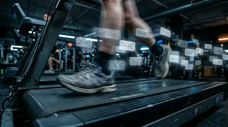 Runner on a treadmill surrounded by drifting envelopes symbolising wasted job application effort without clear career direction