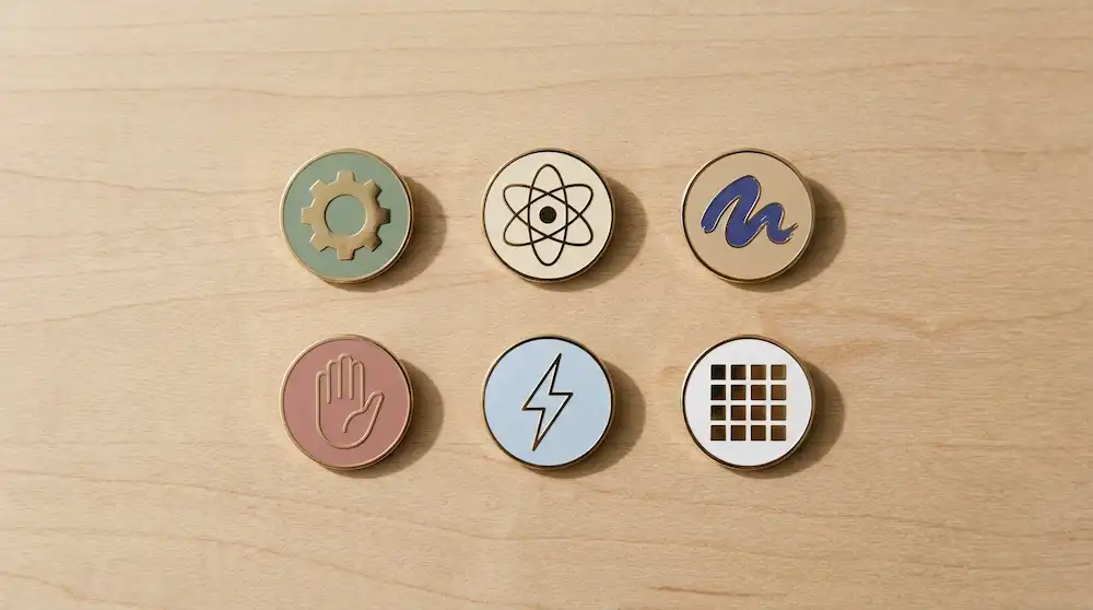 Six minimalist symbol pins representing the RIASEC Holland personality types laid out in a flat composition.