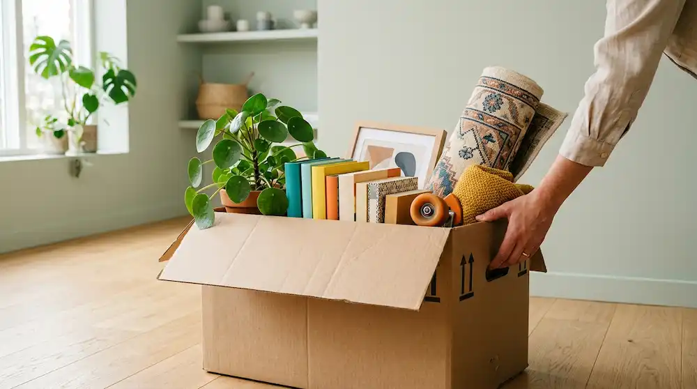Open moving box packed with personal items being carried forward - a modern visual metaphor for redeploying past experience.