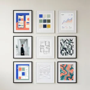 Modern gallery wall of varied creative and analytical work pieces - a contemporary visual metaphor for a portfolio career.