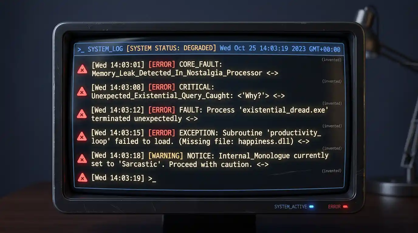 A faux AI terminal window showing confidently fabricated information, illustrating how large language models hallucinate without context