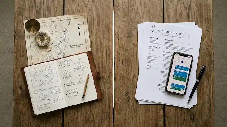 A split table showing career discovery tools on one side and job application tools on the other representing two distinct phases