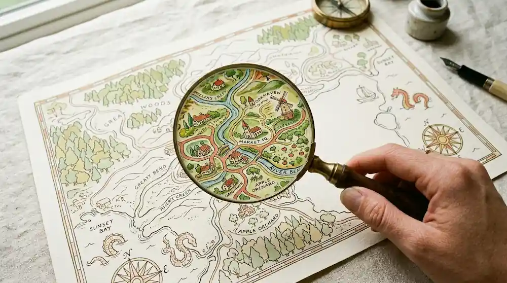 A magnifying glass revealing hidden detail on a map, symbolizing the method for surfacing careers you didn't know existed.