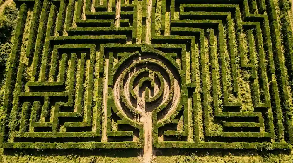 Aerial view of a hedge maze where a worn path loops in one small area while the exits stay unexplored, a metaphor for the trap of familiar job titles.