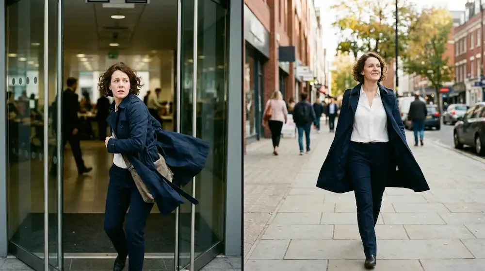 The same person fleeing an office on one side and walking forward with purpose on the other, contrasting avoidance and approach motivation.