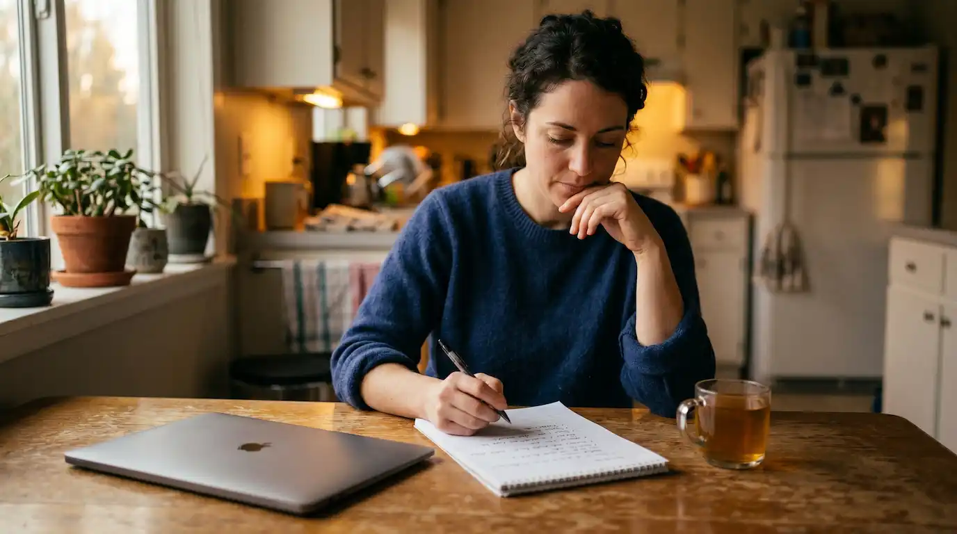 A person calmly weighing a handwritten list at their kitchen table after work, choosing a direction deliberately rather than reacting.