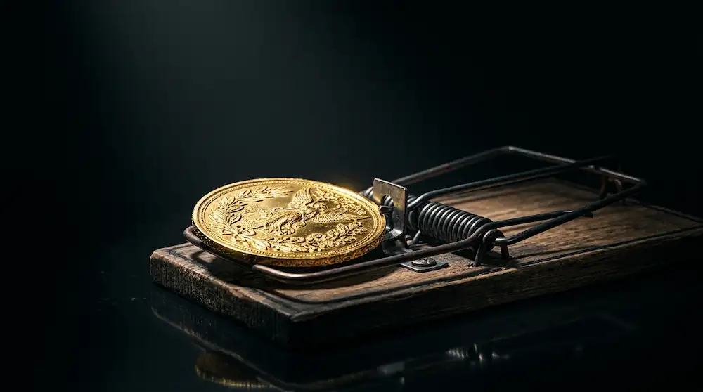 A gleaming gold award resting in a trap, symbolizing the prestige trap of impressive roles that violate your core values.