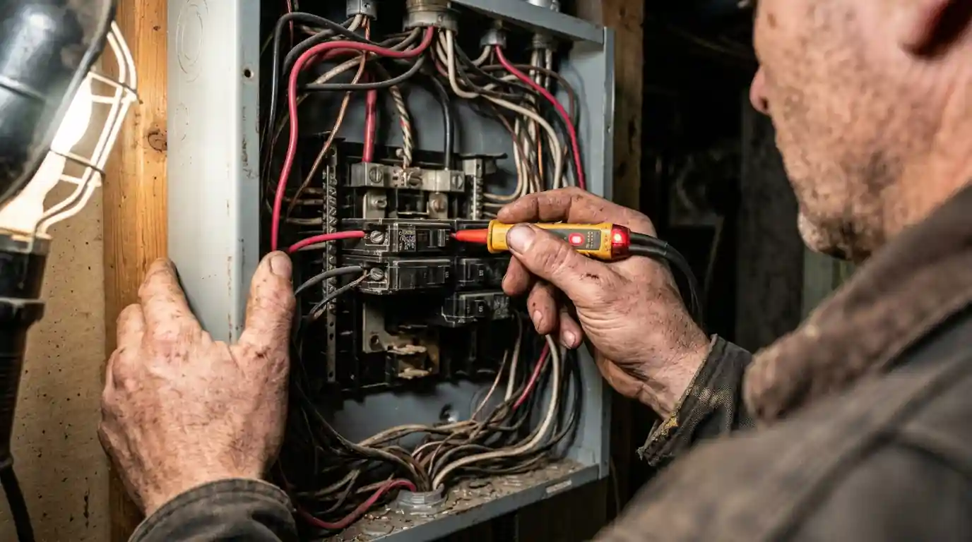 Electrician testing a live terminal inside a breaker panel by work-lamp light. One of many AI-proof careers.