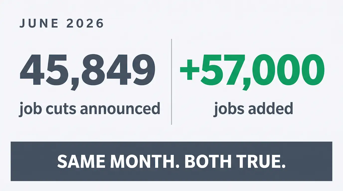 Will AI take my job? June 2026 comparison - 45,849 job cuts announced against 57,000 jobs added in the same month.
