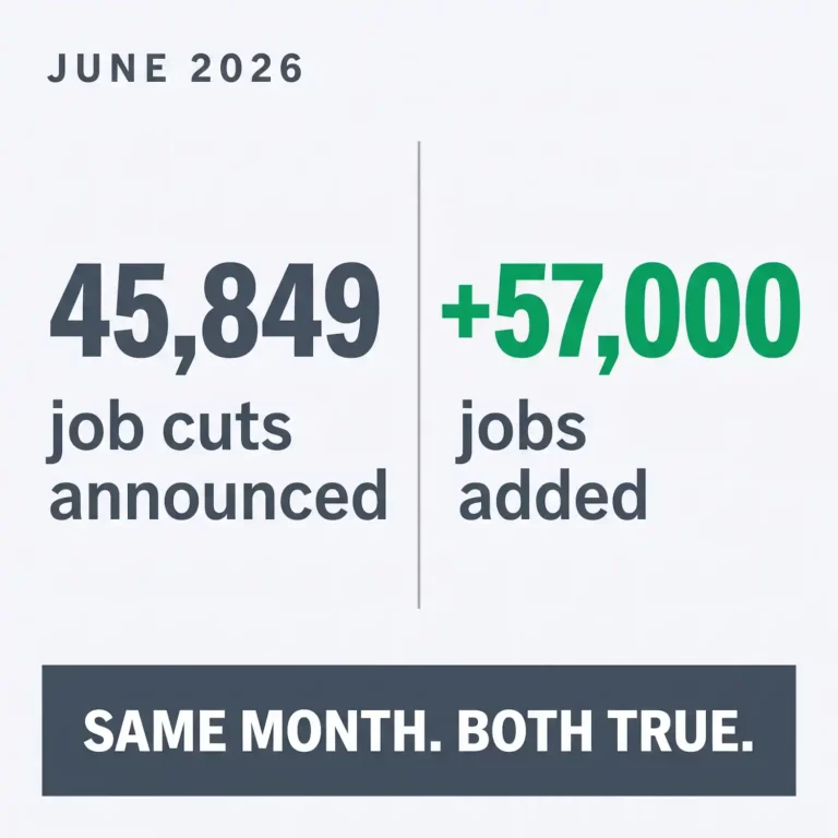 June 2026 comparison — 45,849 job cuts announced against 57,000 jobs added in the same month