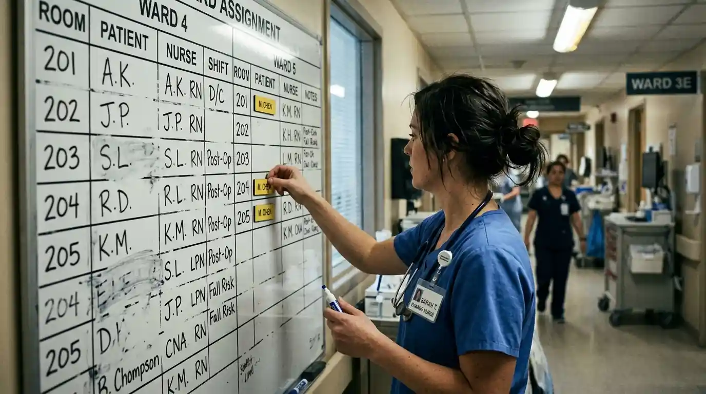 A charge nurse moving a staff name tag across a ward assignment board mid-shift, her stethoscope unused around her neck.