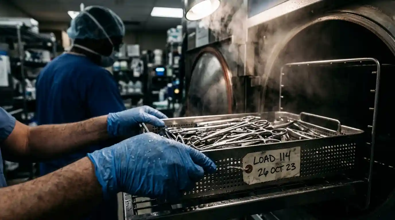 Gloved hands loading a tray of surgical instruments into an autoclave in a hospital sterile processing department, with no patient in the room.