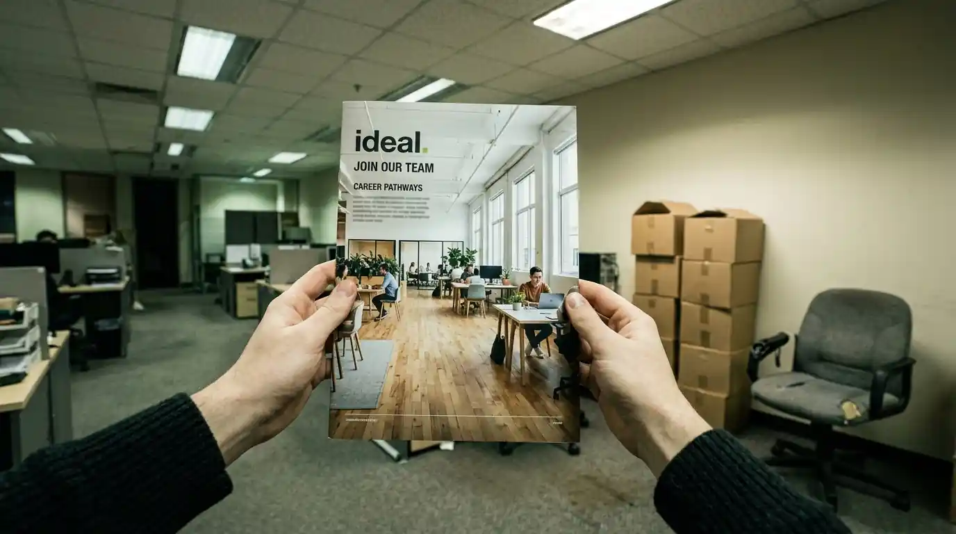 A recruitment brochure held up against the plain office behind it, showing the gap between an advertised job and the actual workplace.