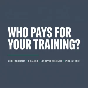 Title card reading "Who pays for your training?" with the four funding routes listed: your employer, a trainer, an apprenticeship, public funds