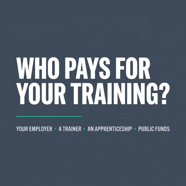 Title card reading "Who pays for your training?" with the four funding routes listed: your employer, a trainer, an apprenticeship, public funds