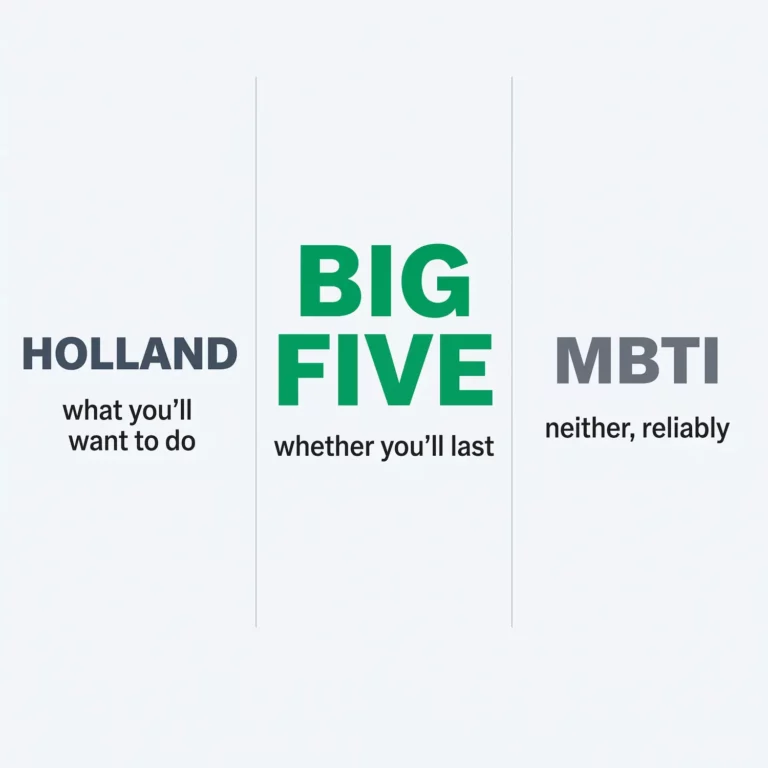 Three-column comparison showing Holland codes answer what you'll want to do, Big Five whether you'll last, and MBTI neither reliably.