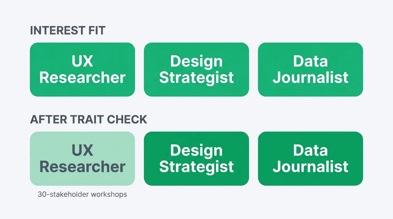 The same three-role career shortlist shown before and after a Big Five trait check, with one role fading out.