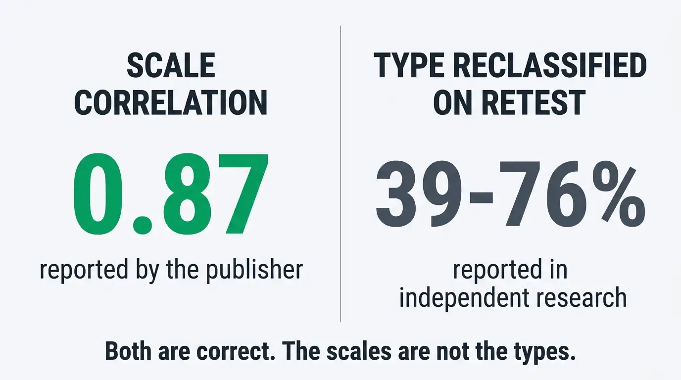 Two-panel graphic contrasting the 0.87 MBTI scale correlation reported by the publisher with the 39 to 76 percent type reclassification rate found in independent research.