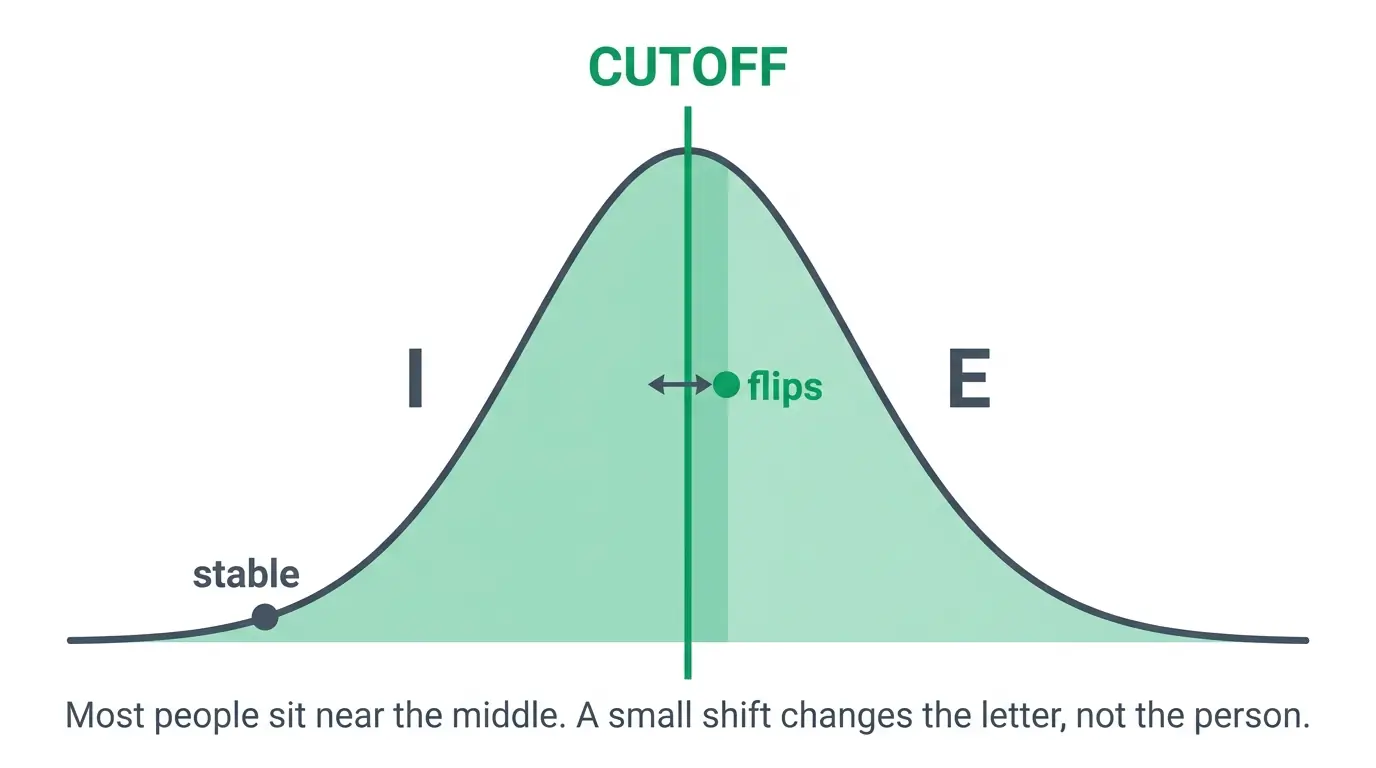 Bell curve diagram showing how MBTI cuts a continuous trait at the midpoint, so scores near the cutoff change letter while scores at the edges stay stable.