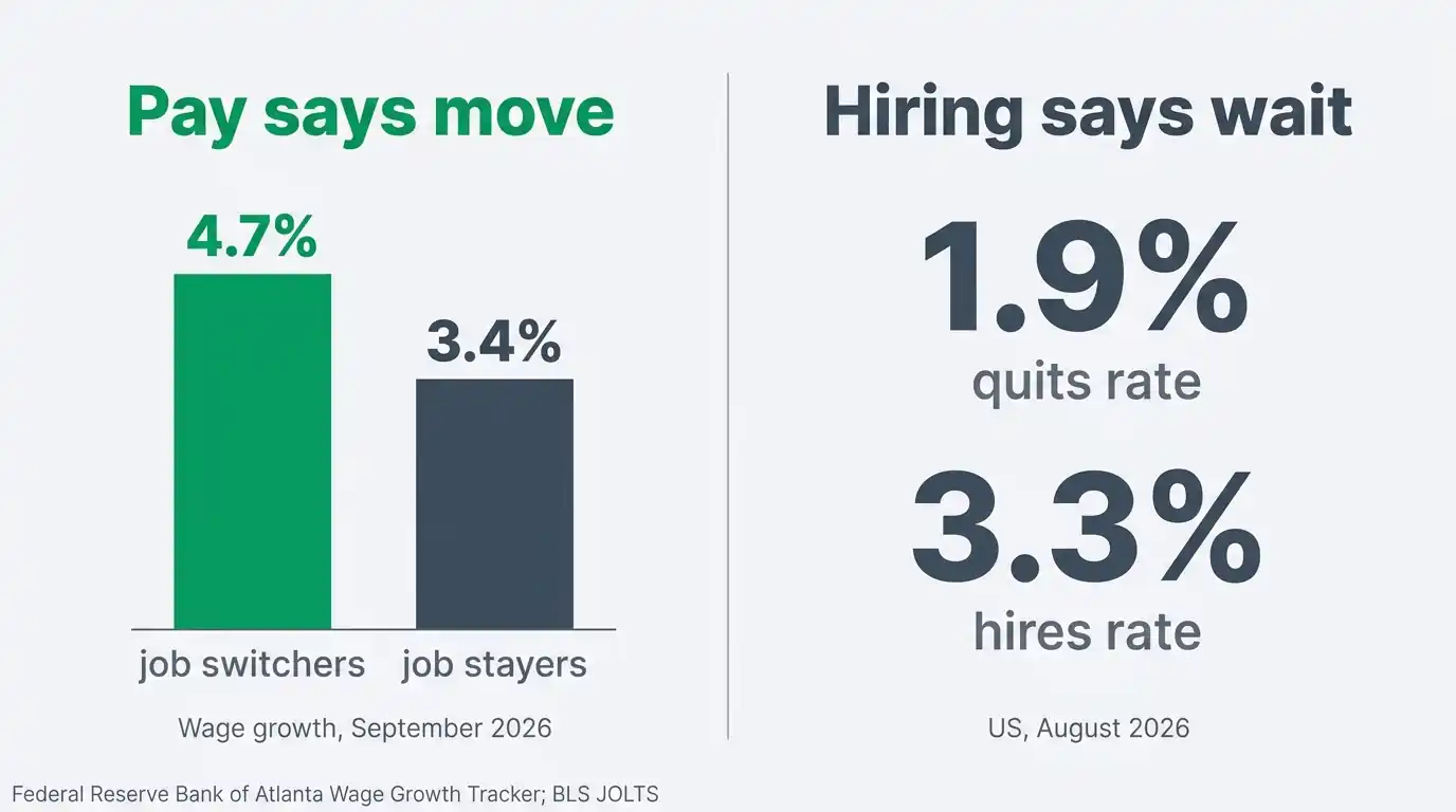 Two-panel graphic: job switchers' wages grew 4.7% against 3.4% for stayers in September 2026, while the US quits rate was 1.9% and the hires rate 3.3% in August 2026.